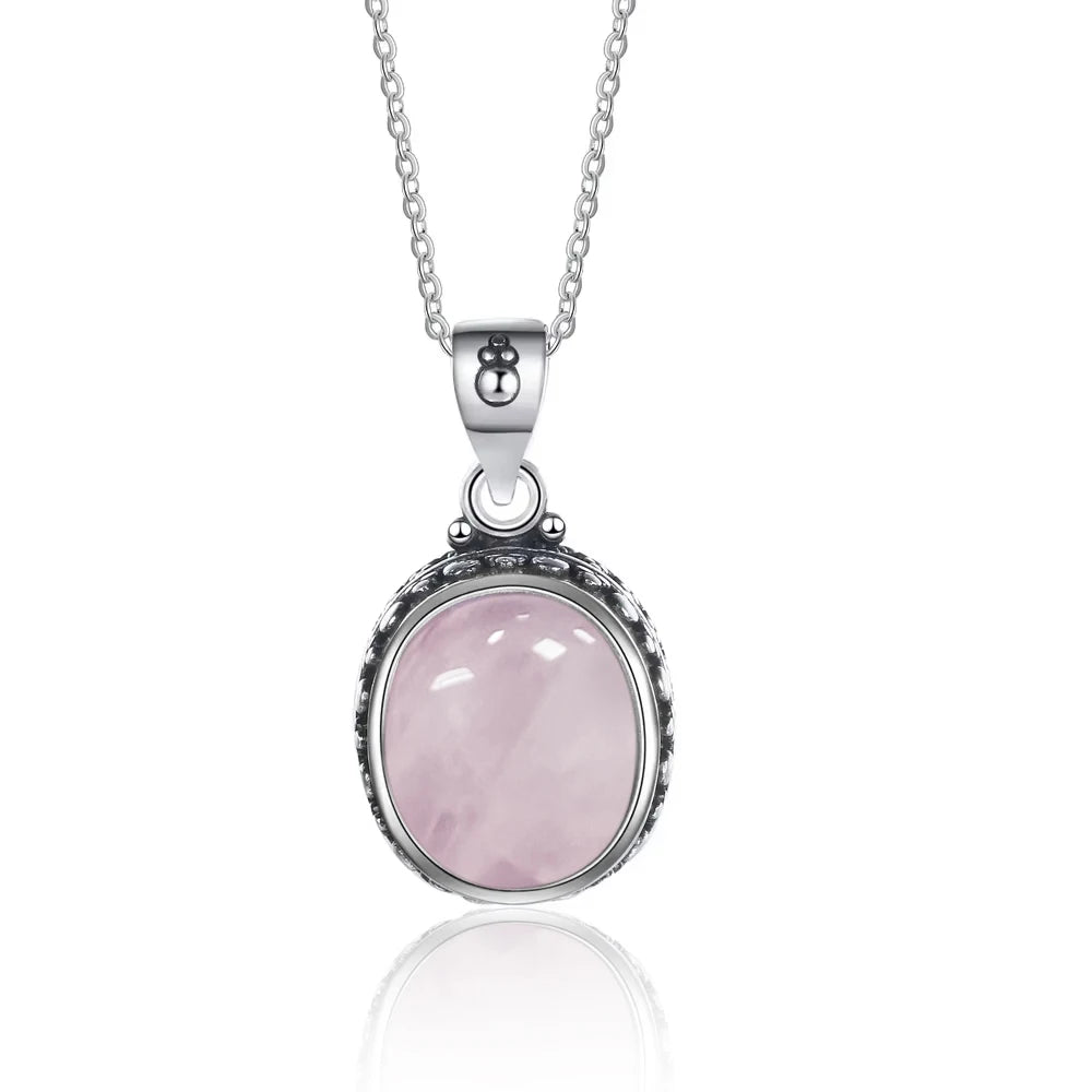 Pendentif Ovale Argent 925 – Lapis-Lazuli, Pierre de Lune, Améthyste ou Quartz Rose, Style Vintage