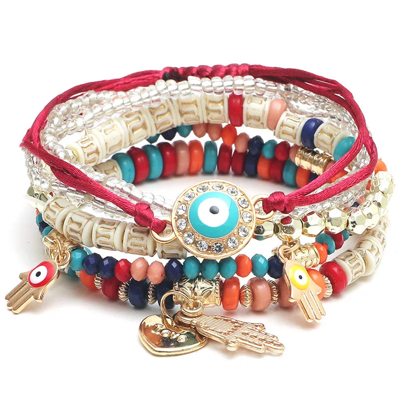 Lot de 6 Bracelets Bohème Œil Turc et Main de Fatma – Perles, Cordons et Breloques, 8 Coloris