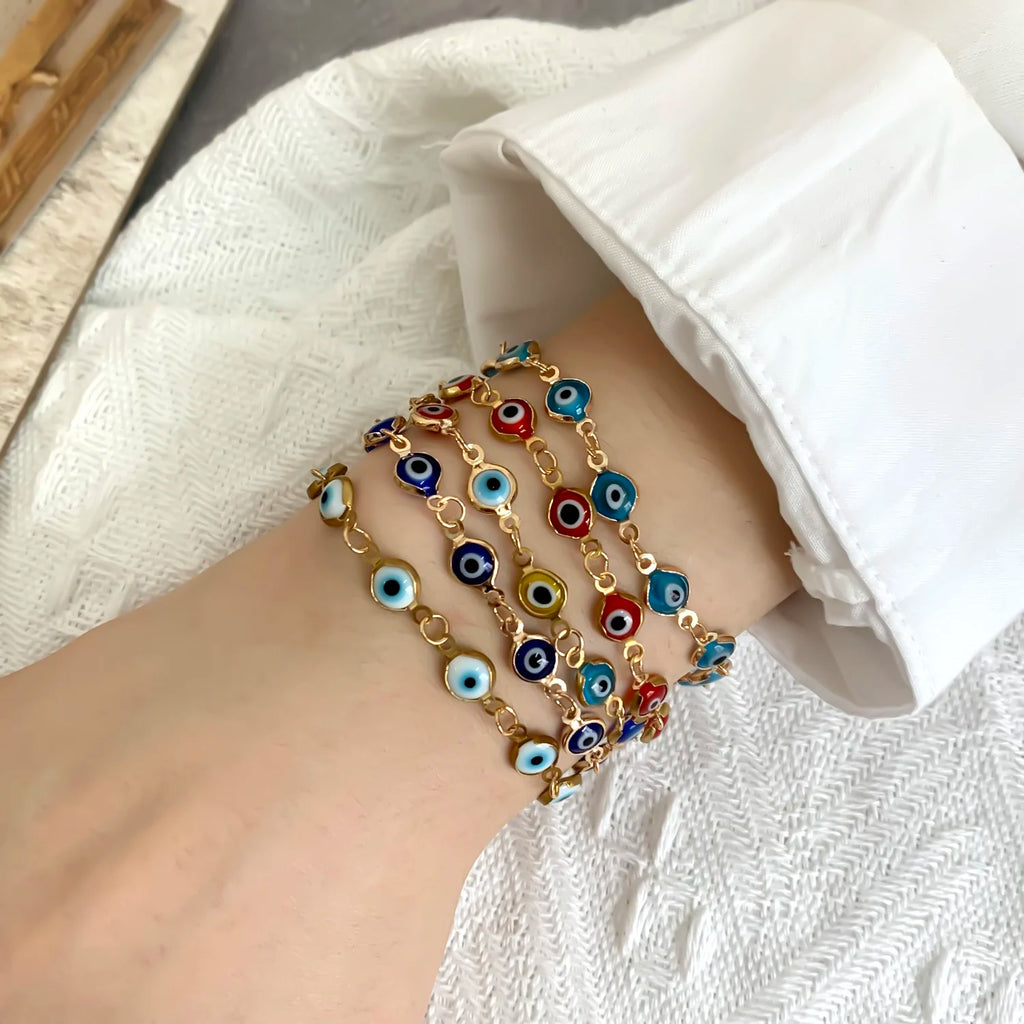 Bracelet Chaîne Œil Turc Émaillé – Bracelet Fin Doré Réglable, 5 Coloris