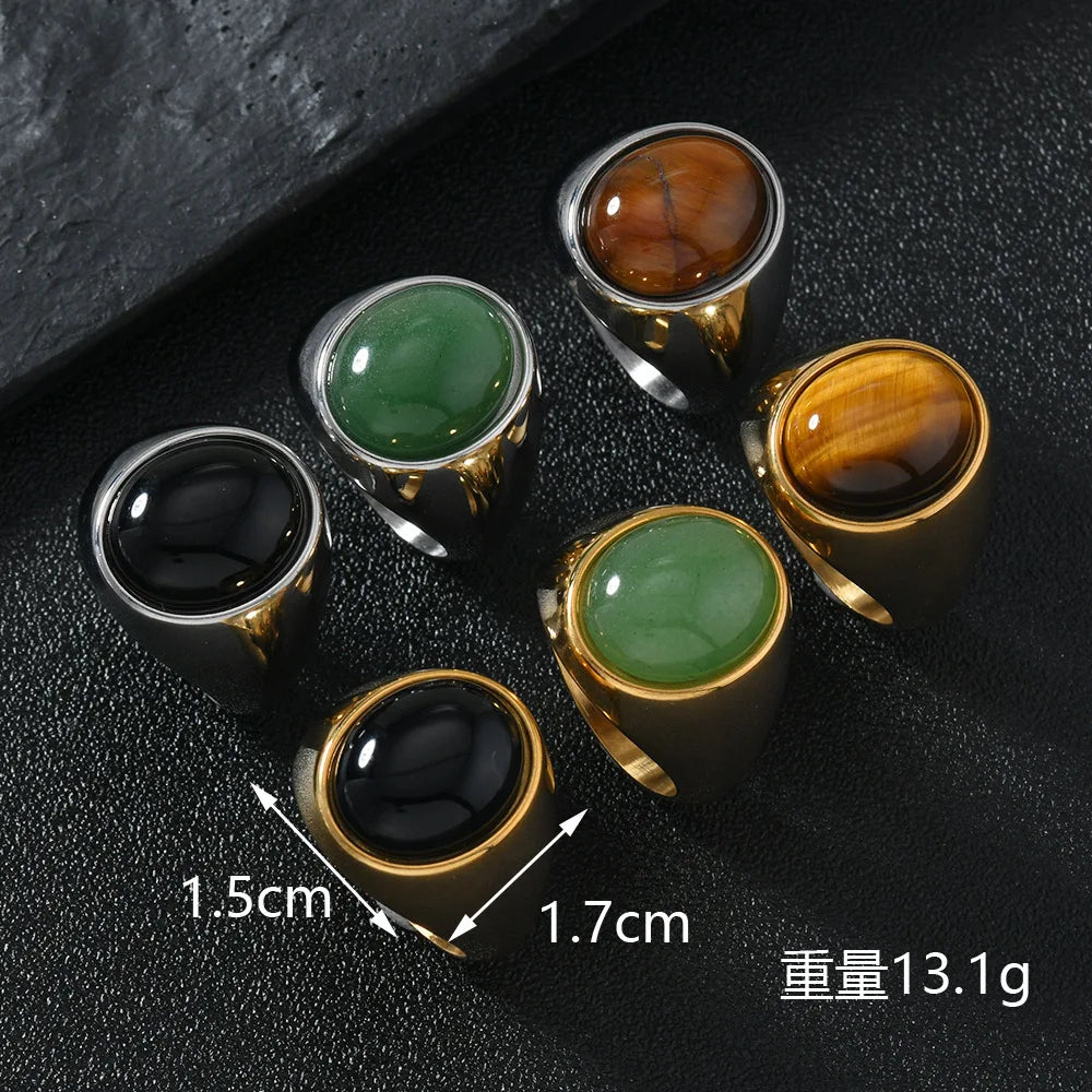 Chevalière Homme en Acier Inoxydable – Cabochon Onyx Noir, Œil de Tigre ou Aventurine, Argenté ou Doré
