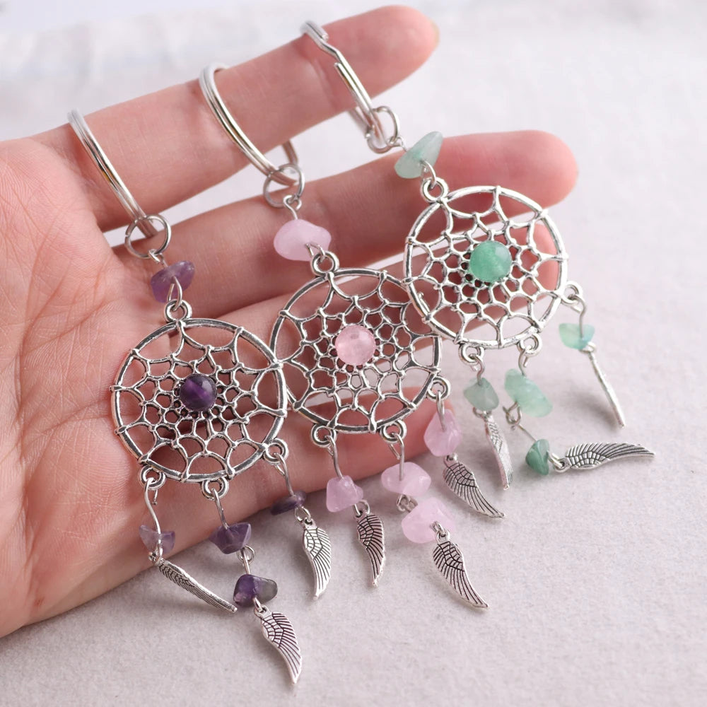 Porte-Clés Attrape-Rêves avec Éclats de Pierres et Plumes – Améthyste, Quartz Rose ou Aventurine