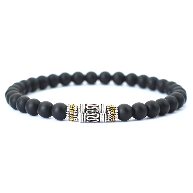 Bracelet Minimaliste 6 mm – Onyx, Œil de Tigre ou Pierre de Lave, Perle Sanskrit, Unisexe