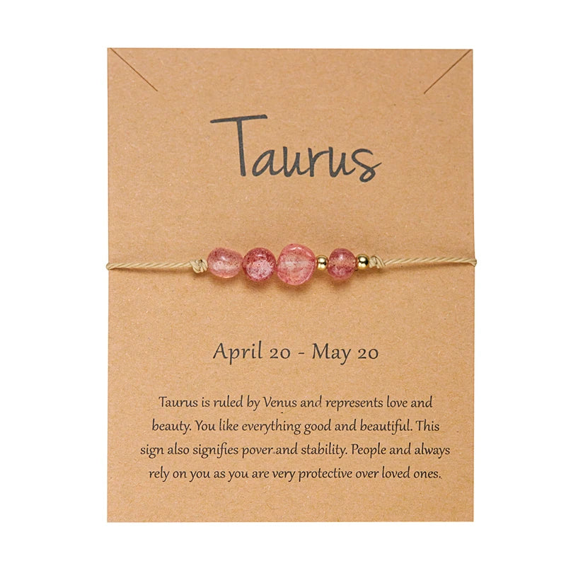 Bracelet Signe du Zodiaque en Pierres Naturelles – Cordon Réglable sur Carte Astro, 12 Signes