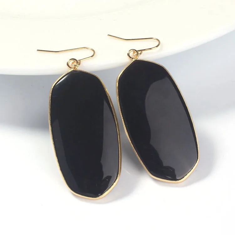 Grandes Boucles d'Oreilles Ovales en Pierre Naturelle – Pendantes Serties d'Or, 9 Pierres