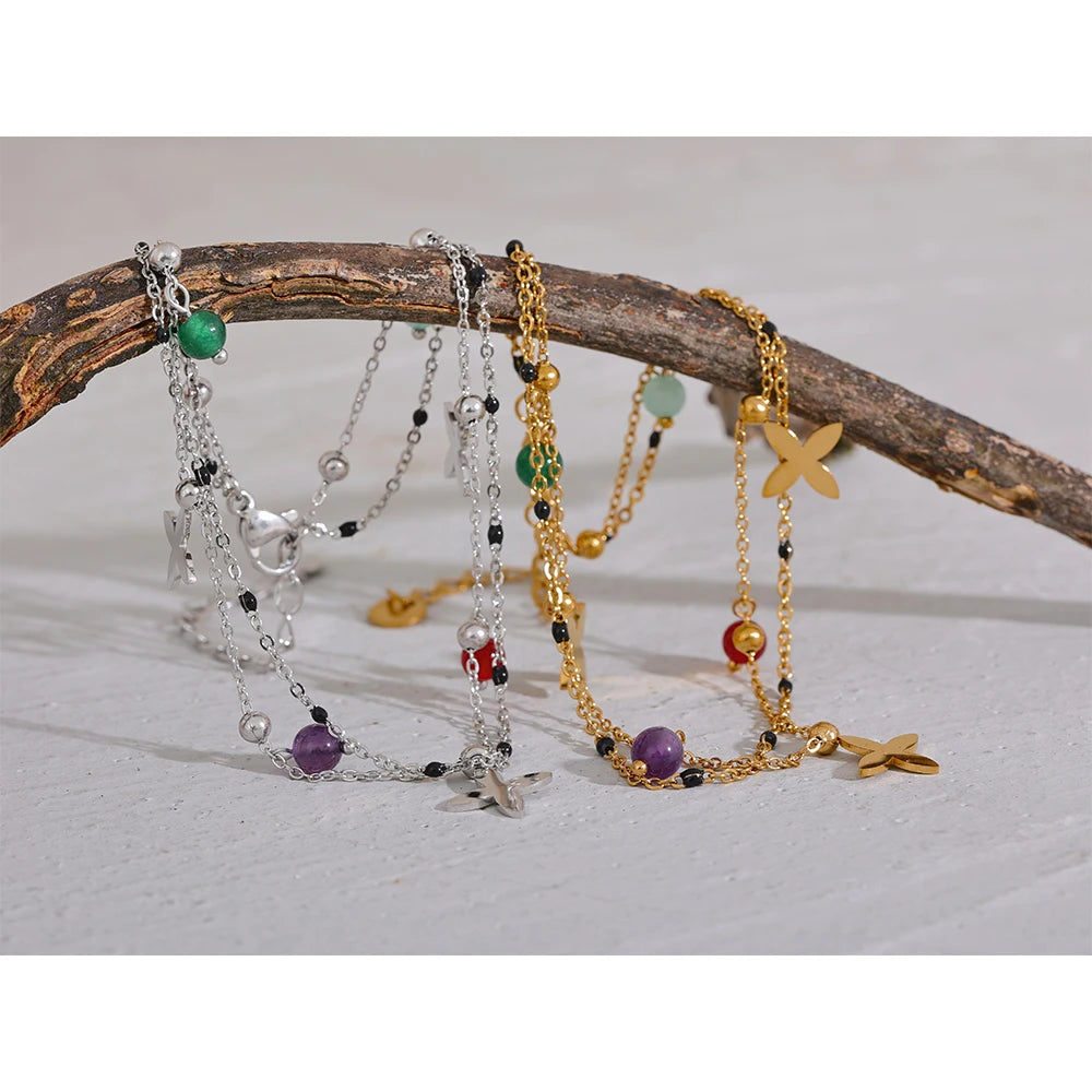 Chaîne de Cheville Perles de Pierres et Fleurs – Acier Inoxydable Doré ou Argenté