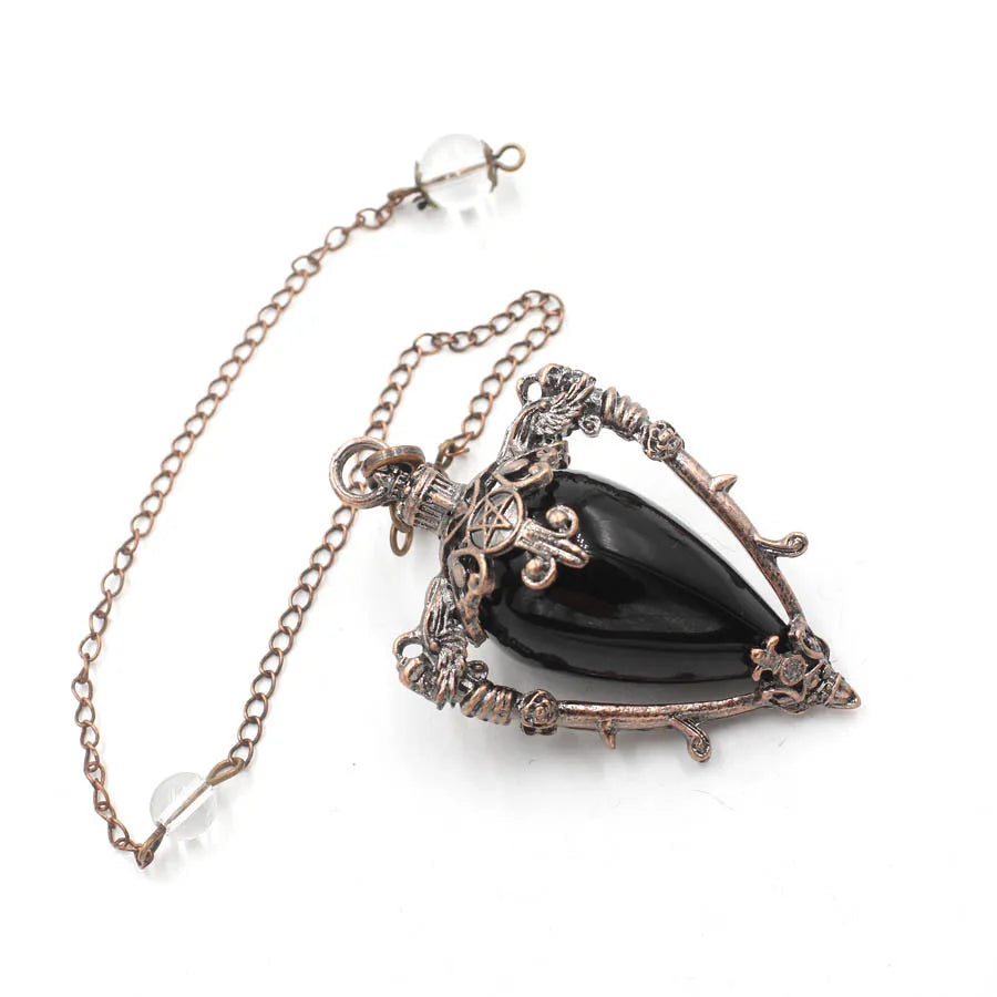 Grand Pendule Vintage en Pierre Naturelle – Cœur Serti Monture Cuivrée, Obsidienne, Améthyste, Labradorite…