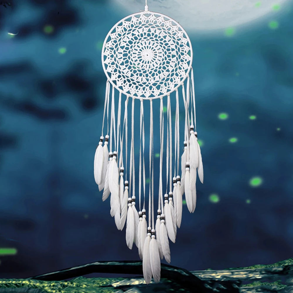 Grand Attrape-Rêves en Dentelle et Plumes – Décoration Murale Bohème, Blanc, Rose ou Double Cercle