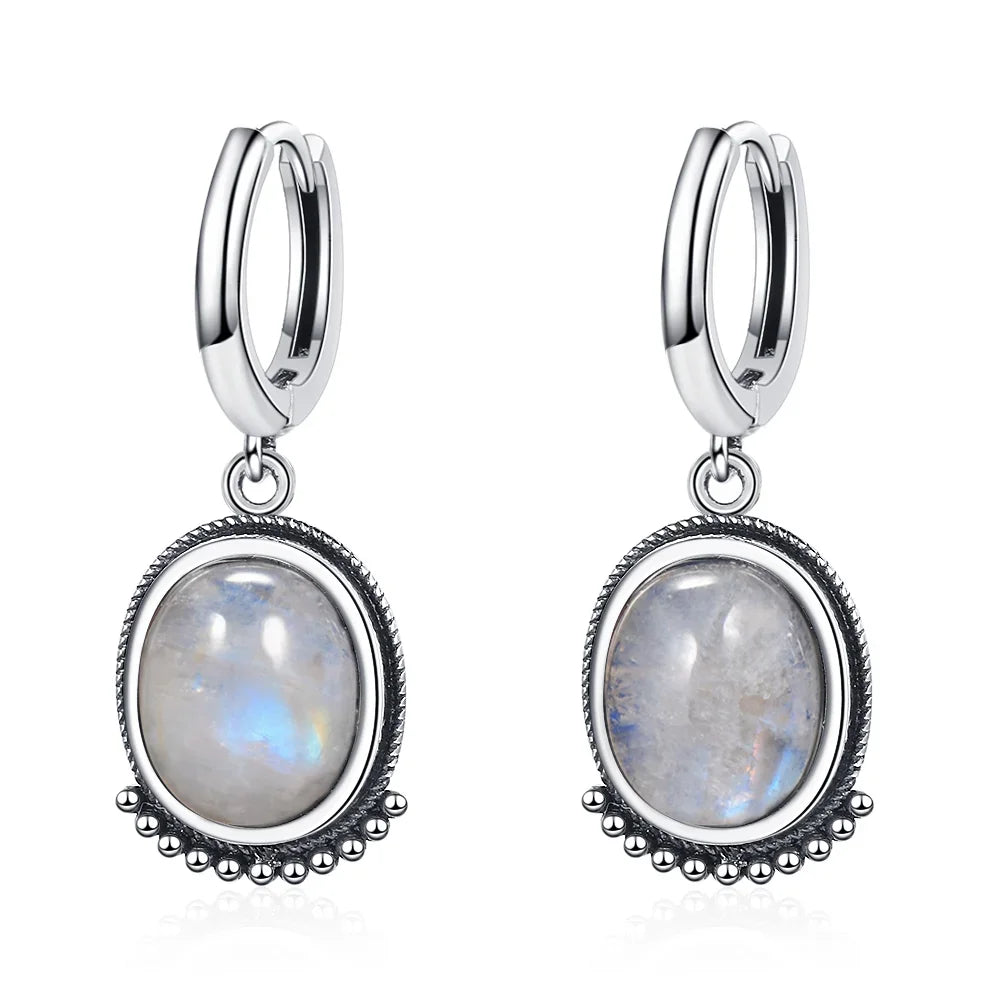Boucles d'Oreilles Créoles Vintage à Cabochon Ovale – Pierre de Lune, Labradorite, Améthyste… Plaqué Argent