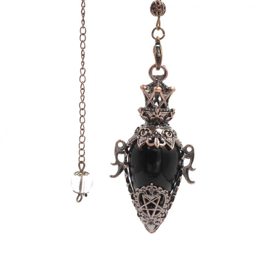 Grand Pendule Vintage en Pierre Naturelle – Cœur Serti Monture Cuivrée, Obsidienne, Améthyste, Labradorite…