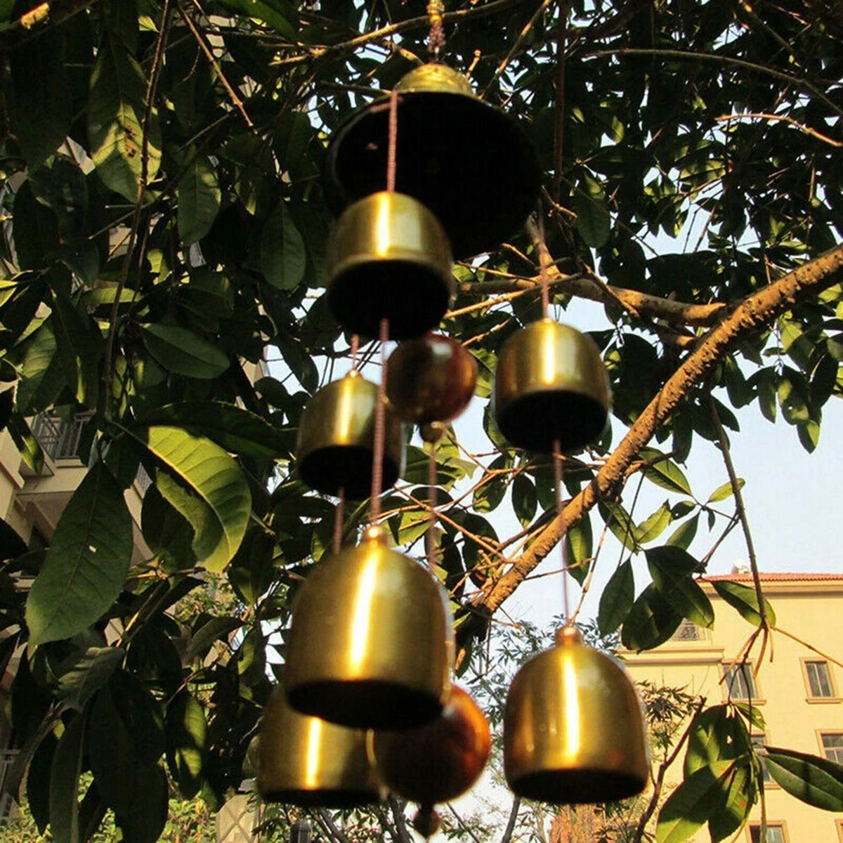Carillon à Vent 6 Cloches en Cuivre – Pièces Porte-Bonheur et Gravures, Déco de Jardin