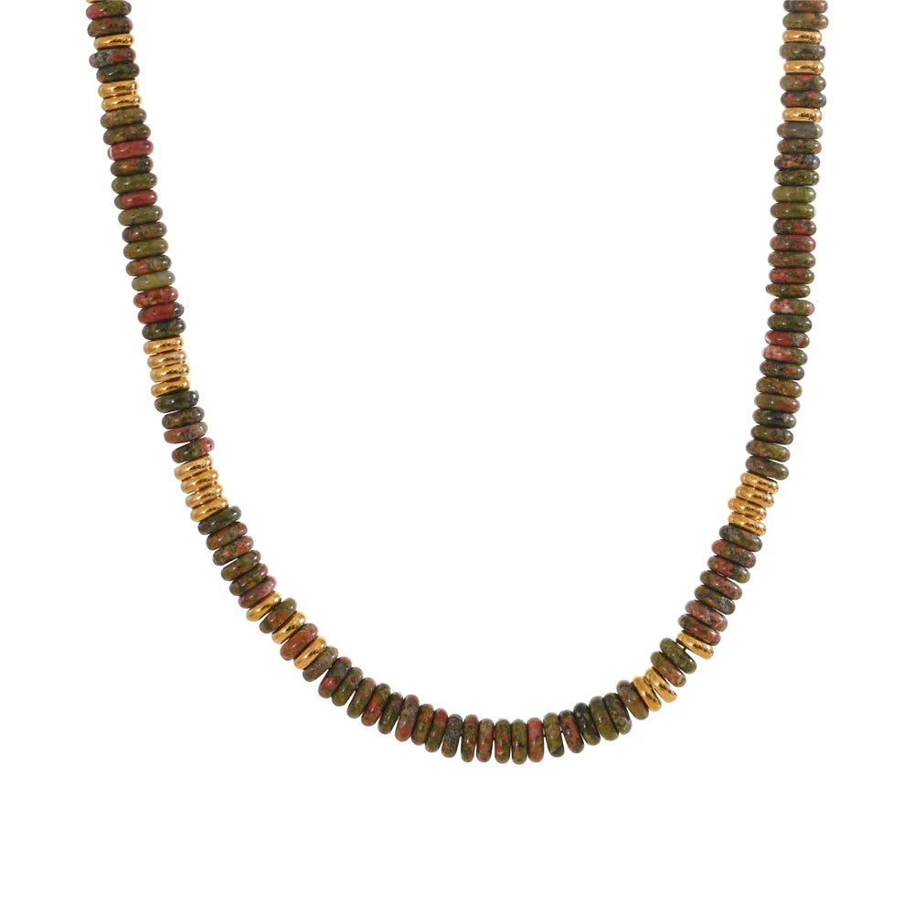 Collier Perles Heishi en Pierre Naturelle et Acier Doré – Ras du Cou Bohème, 10 Pierres au Choix