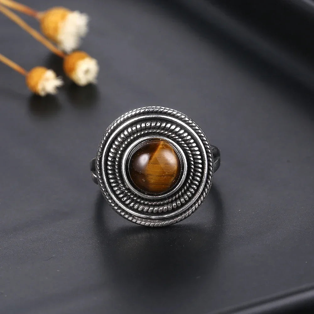 Bague Ronde Spirale en Pierre Naturelle 8 mm – Monture Argentée, Rhodochrosite, Charoïte, Labradorite…