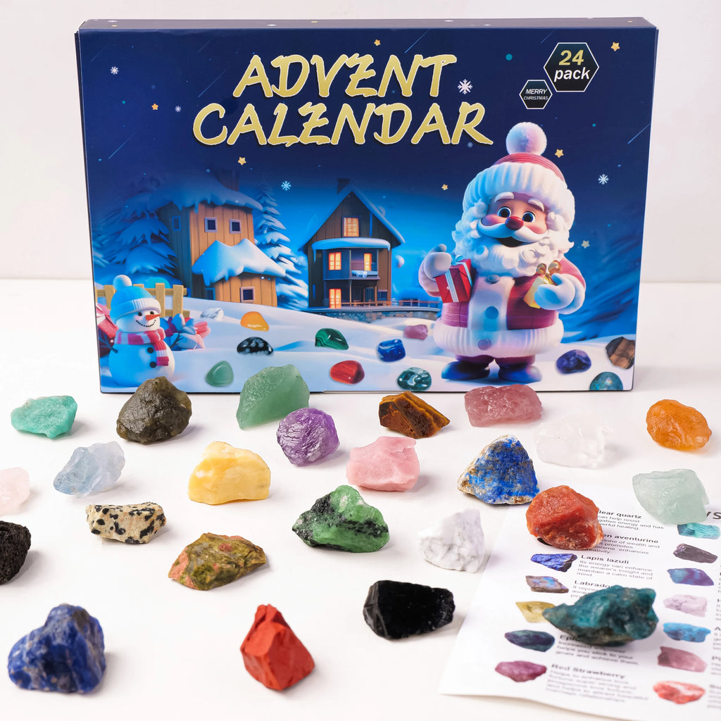 Calendrier de l'Avent Pierres Naturelles – 24 Cristaux à Découvrir, Pierres Roulées ou Brutes, Coffret Minéraux avec Carte des Pierres, Lithothérapie, Idée Cadeau Noël