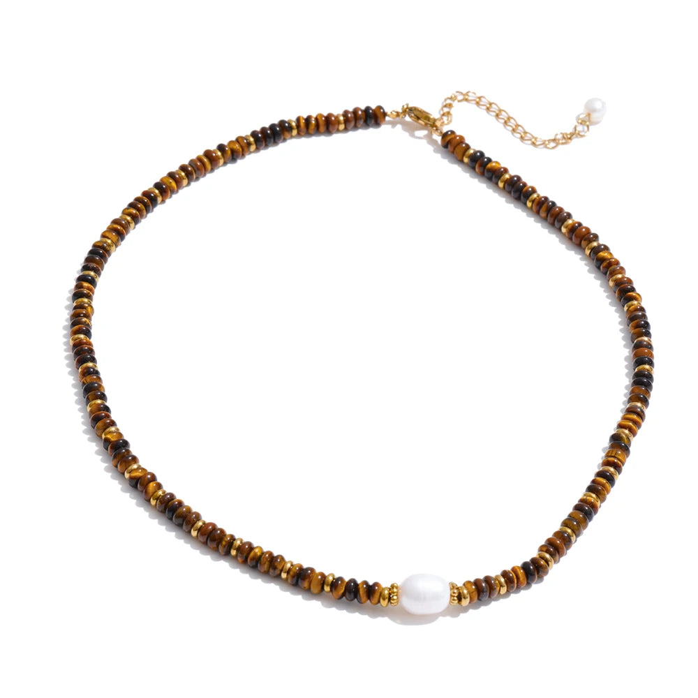Collier Perles Heishi en Pierre Naturelle et Acier Doré – Ras du Cou Bohème, 10 Pierres au Choix