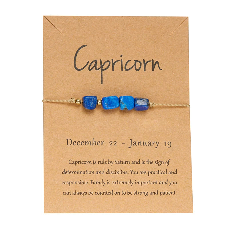 Bracelet Signe du Zodiaque en Pierres Naturelles – Cordon Réglable sur Carte Astro, 12 Signes