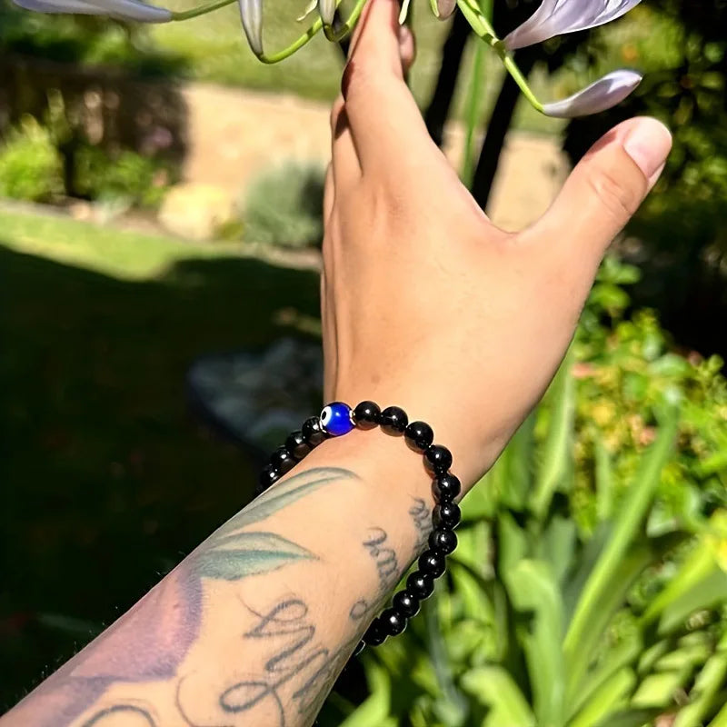 Bracelet Tourmaline Noire et Œil Turc – Perles 6 mm, Élastique, 19,5 cm, Unisexe