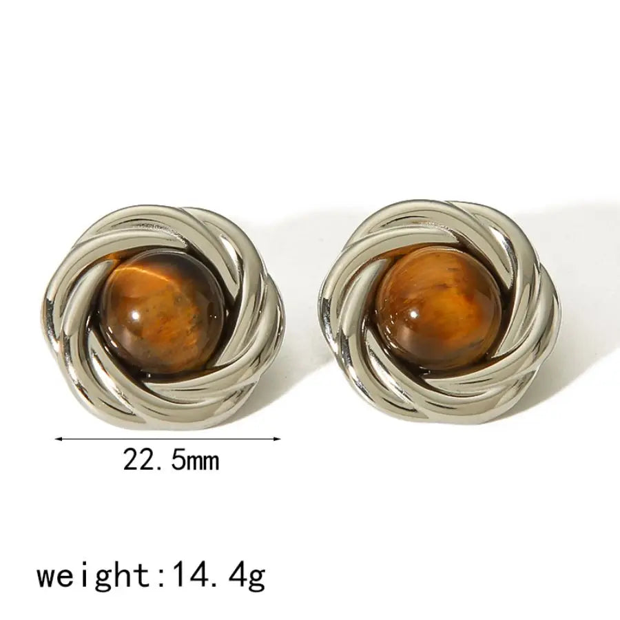 Boucles d'Oreilles Puces Œil de Tigre en Acier Inoxydable – Monture Torsadée, Doré ou Argenté