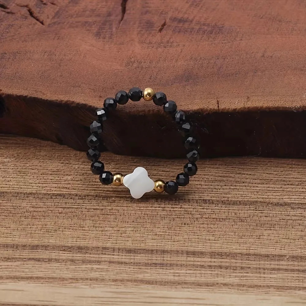 Bague Perlée Extensible en Pierres Naturelles – Cœur, Trèfle, Améthyste, Labradorite…