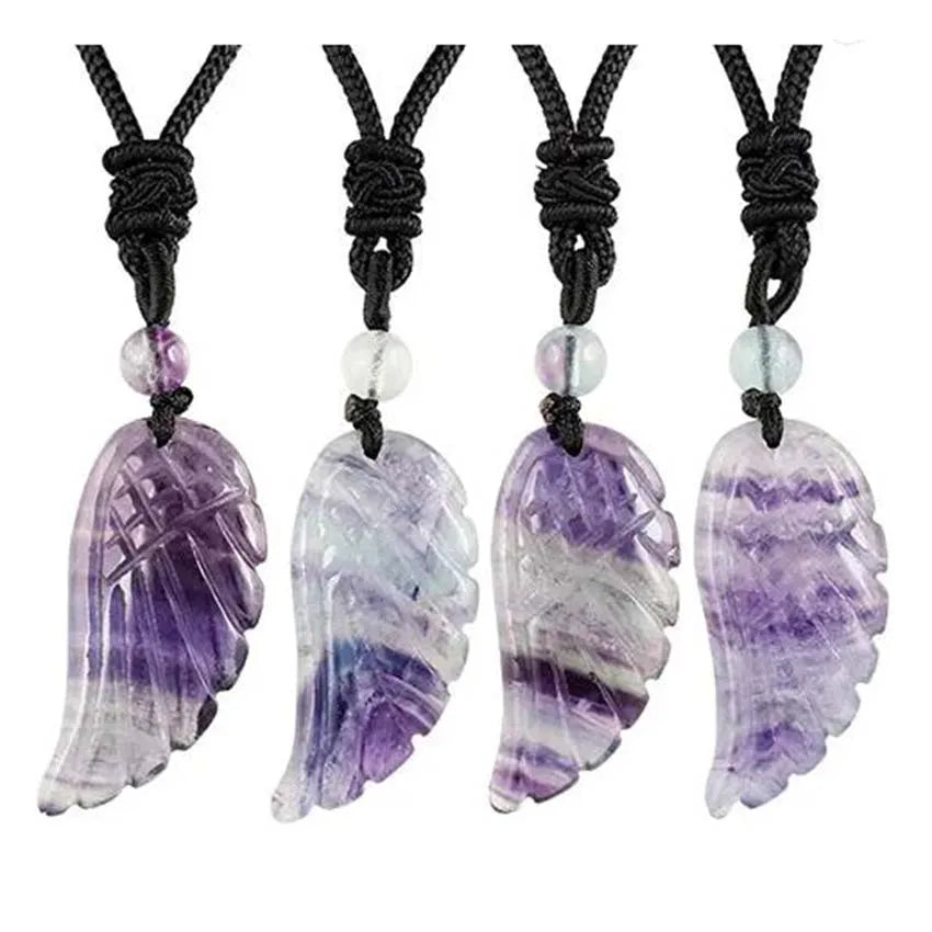 Collier Aile d'Ange en Pierre Naturelle Femme – Pendentif Sculpté Améthyste, Fluorite, Quartz Rose et 11 Autres Pierres, Cordon Réglable, Idée Cadeau