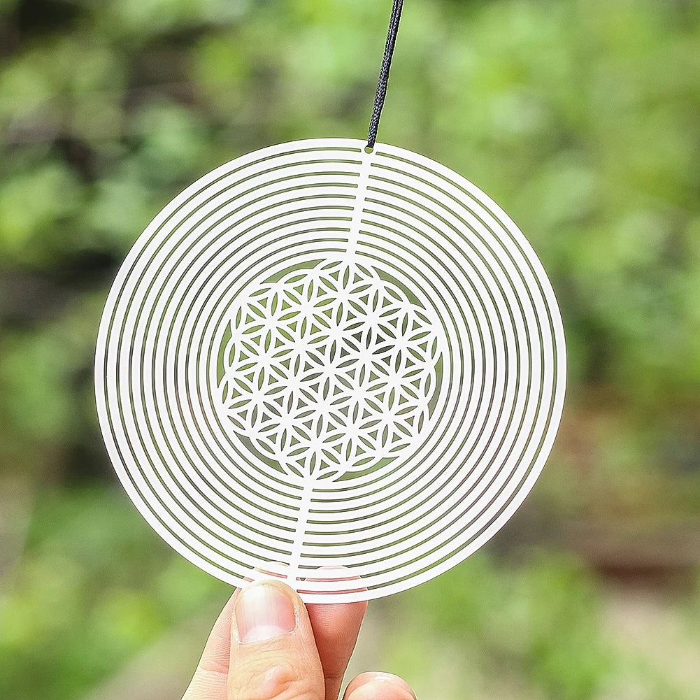 Mobile Fleur de Vie 3D en Acier – Spirale Rotative Miroir 10 cm, Déco de Fenêtre et Jardin