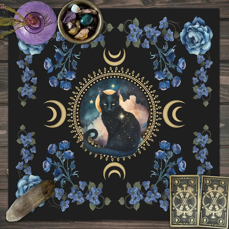 Nappe de Tarot en Velours – Lune, Chat Noir, Soleil et Lotus, Géométrie Sacrée, 7 Motifs, 2 Tailles