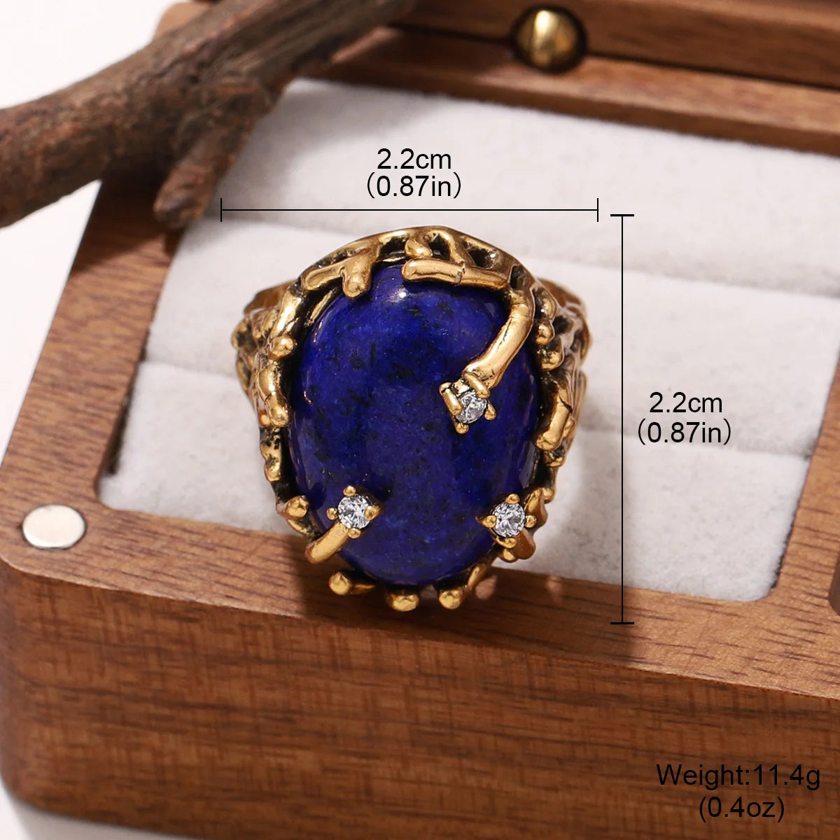Bague Ouverte Vintage Dorée à Griffes – Grand Cabochon Lapis-Lazuli, Améthyste ou Œil de Tigre