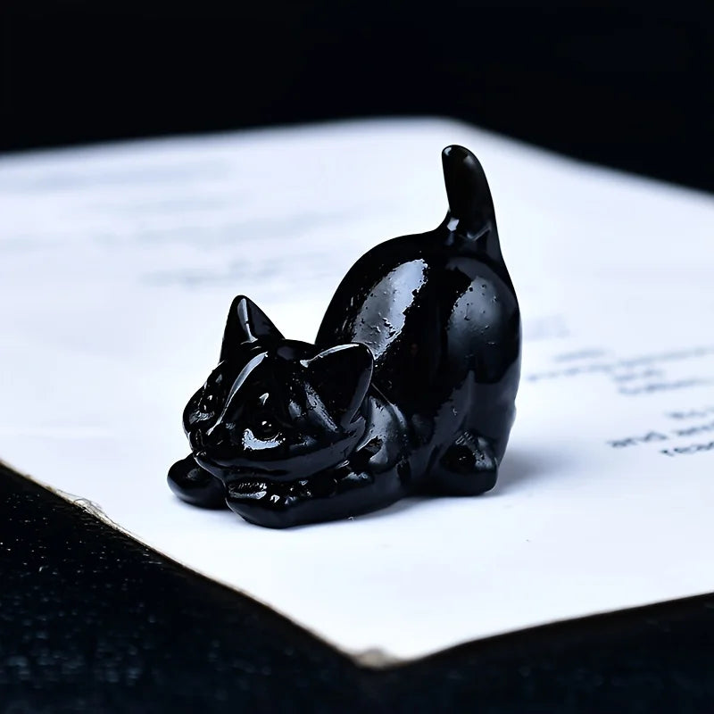 Chat Sculpté en Pierre Naturelle 3,5 cm – Petite Figurine en Quartz Rose, Aventurine, Obsidienne ou Labradorite