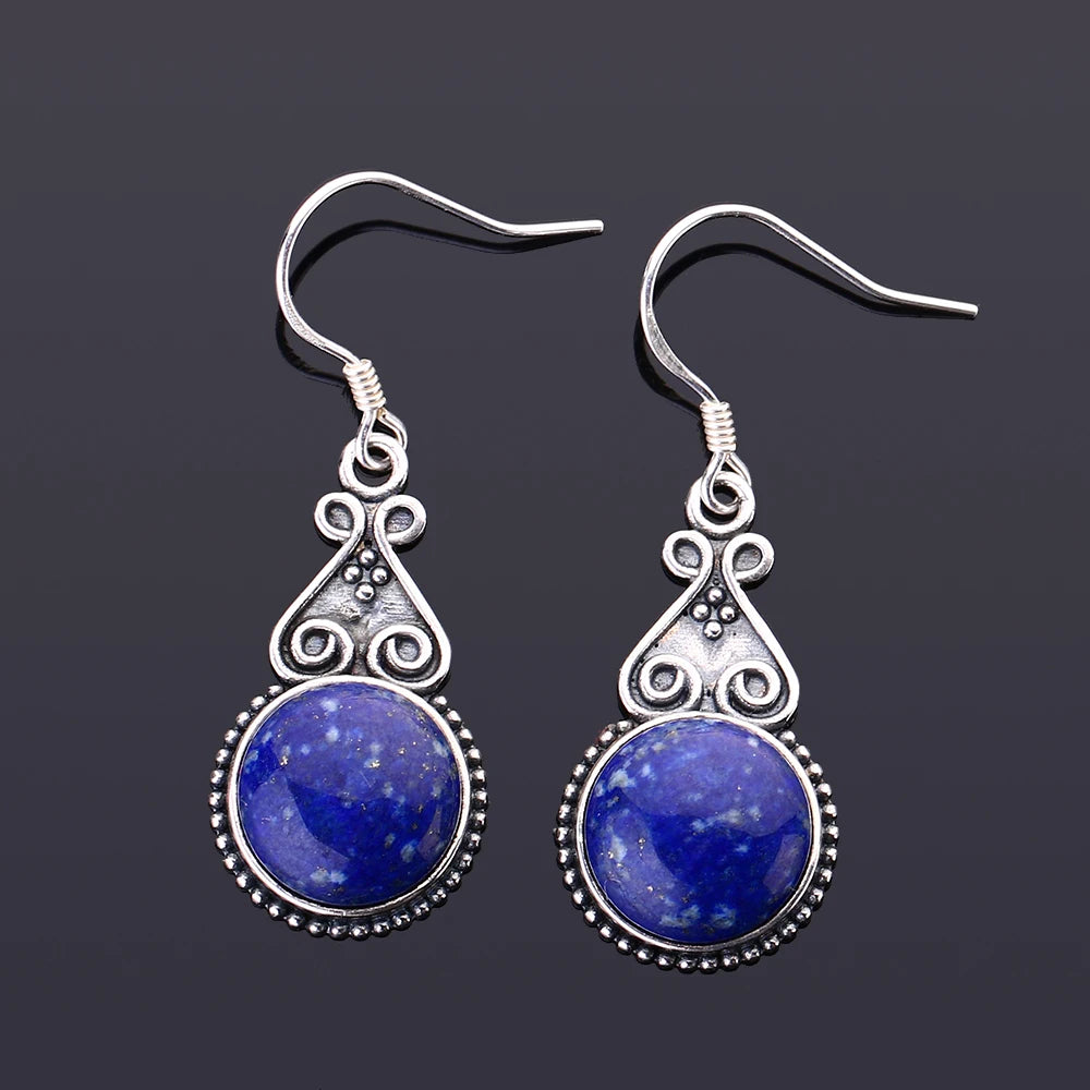Boucles d'Oreilles Pendantes Vintage Pierre Ronde 10 mm – Labradorite, Lapis, Œil de Tigre, Rhodochrosite