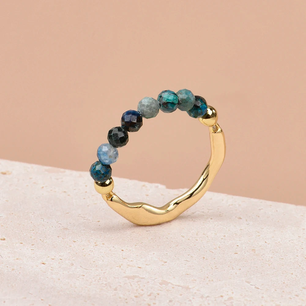 Bague Jonc Doré Ondulé et Perles de Pierre Naturelle 3 mm – Extensible, 10 Pierres