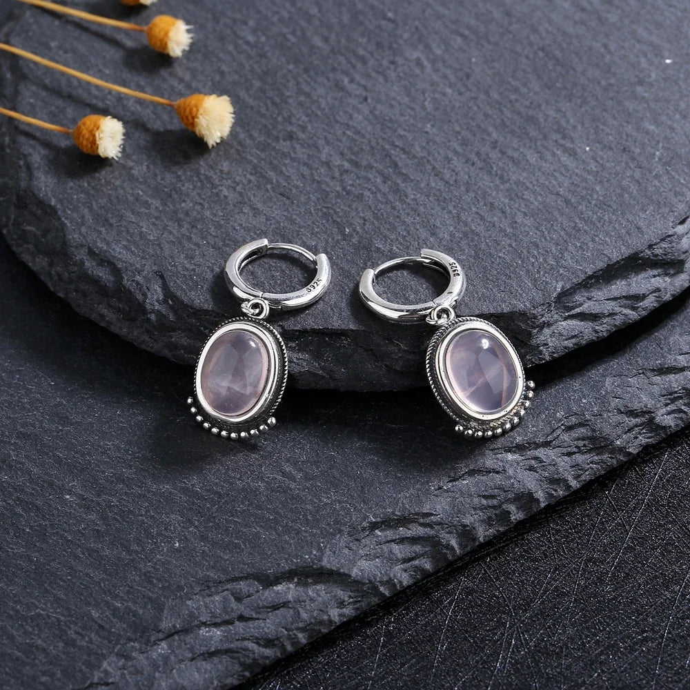 Boucles d'Oreilles Créoles Vintage à Cabochon Ovale – Pierre de Lune, Labradorite, Améthyste… Plaqué Argent