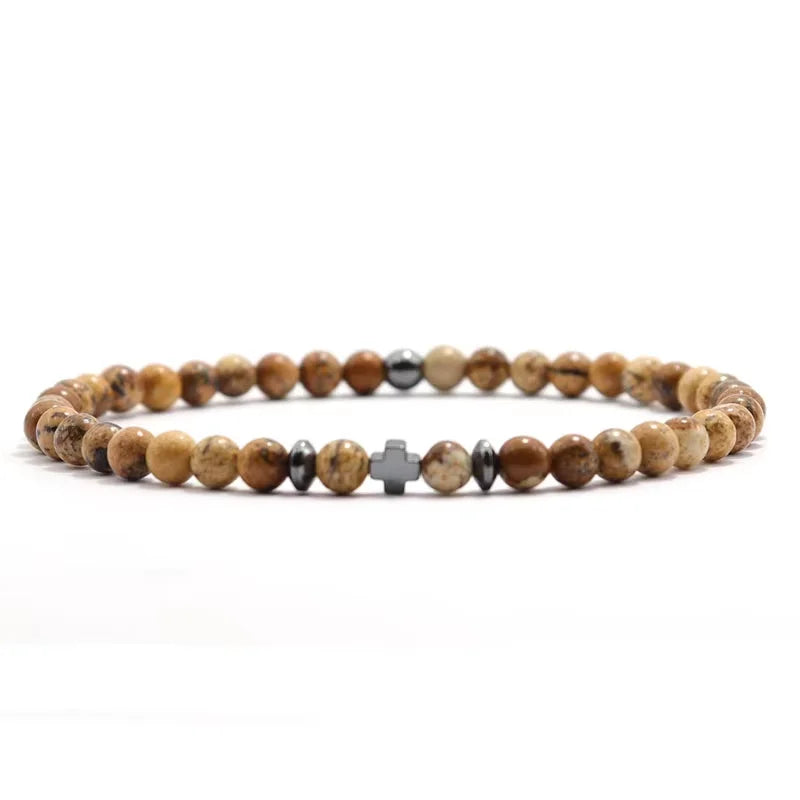Bracelet Homme Fin Perles 4 mm et Croix – Onyx Mat, Lapis-Lazuli, Lave ou Jaspe Paysage