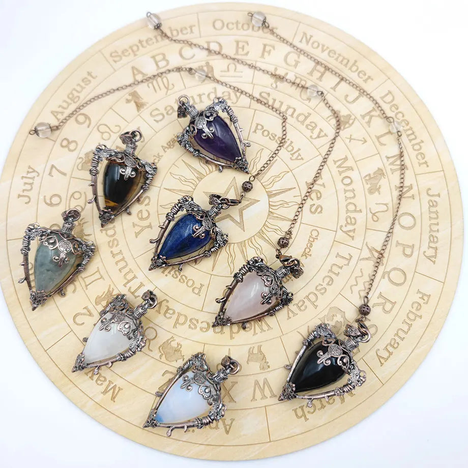 Grand Pendule Vintage en Pierre Naturelle – Cœur Serti Monture Cuivrée, Obsidienne, Améthyste, Labradorite…