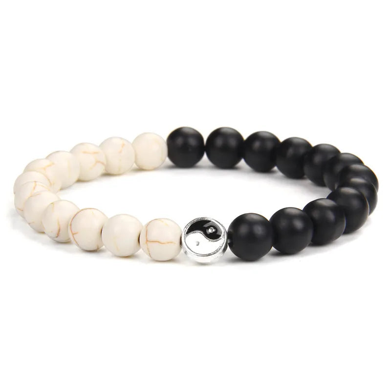 Bracelet Yin Yang Onyx Mat et Howlite – À l'Unité ou en Duo pour Couple, 17 à 21 cm