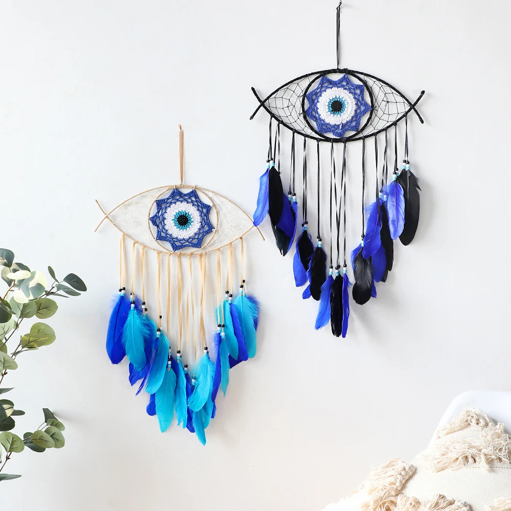 Attrape-Rêves Œil Bleu – Mauvais Œil Brodé et Plumes Bleues, Décoration Murale Bohème, 3 Modèles