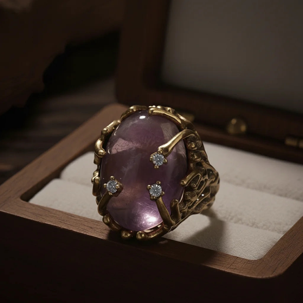 Bague Ouverte Vintage Dorée à Griffes – Grand Cabochon Lapis-Lazuli, Améthyste ou Œil de Tigre