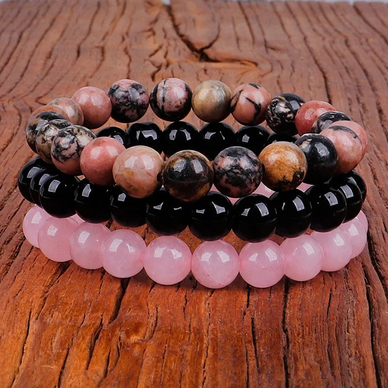 Lot de 3 Bracelets Rhodonite, Onyx Noir et Quartz Rose Femme – Perles Naturelles 8 mm, Élastiques, Bracelets Pierre Naturelle, Idée Cadeau