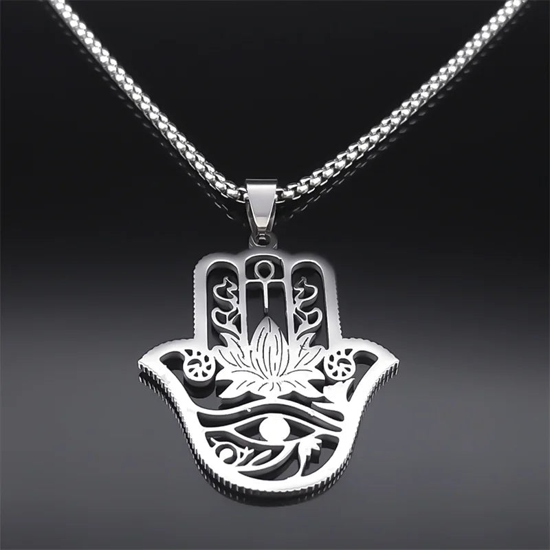 Collier Main de Fatma et Ankh en Acier Inoxydable – Lotus et Œil d'Horus, Doré ou Argenté, Unisexe