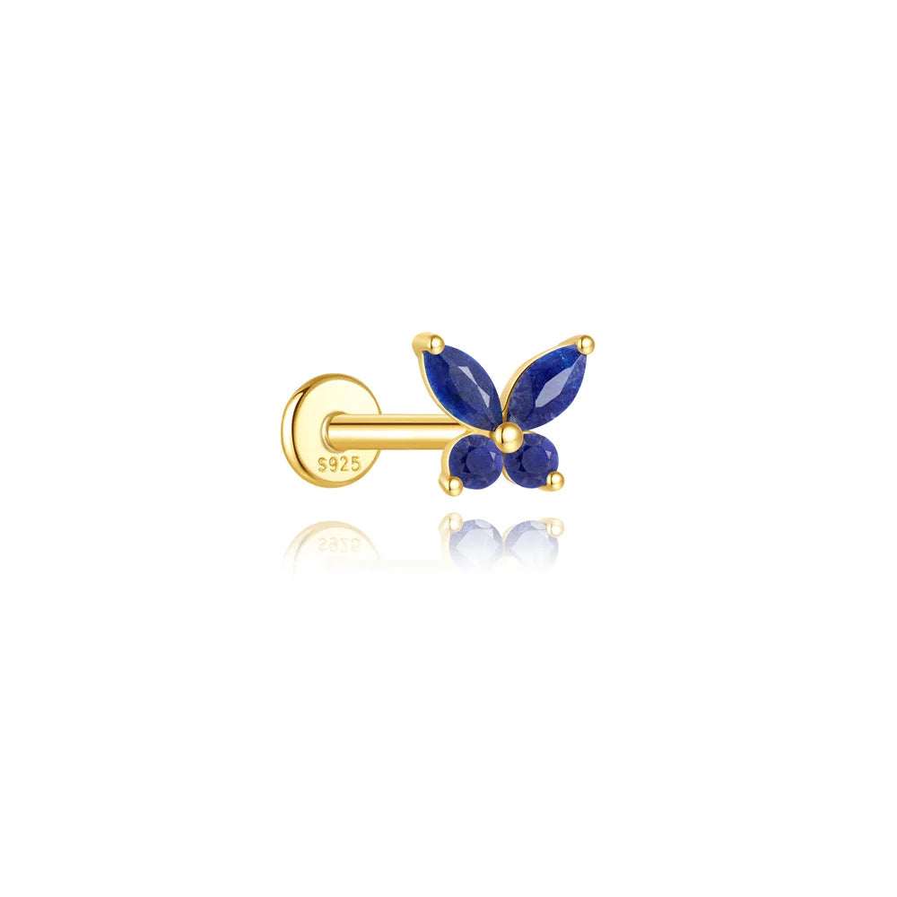 Piercing en Argent 925 et Lapis-Lazuli – Clou Plat Étoile, Fleur, Papillon, 16 Modèles Doré ou Argenté