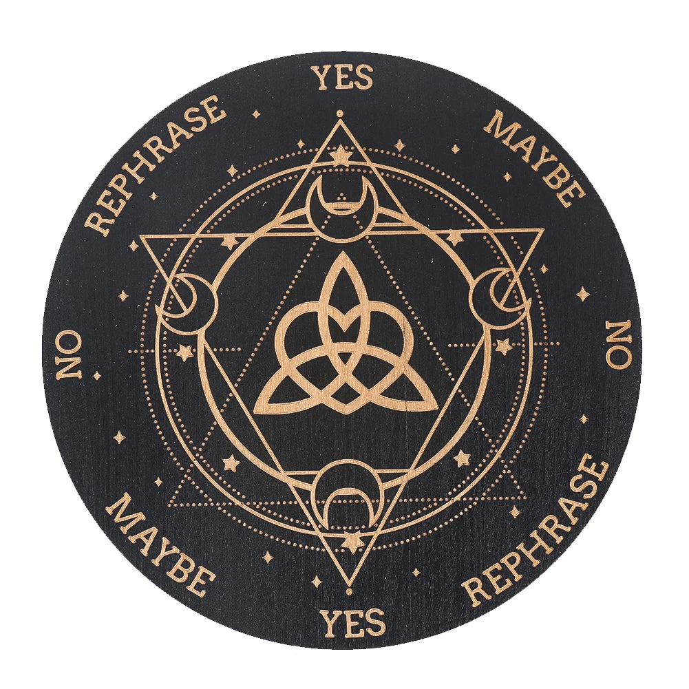 Planche à Pendule en Bois Noir Gravé – Nœud de la Trinité, Oui / Non / Peut-être, 15 cm