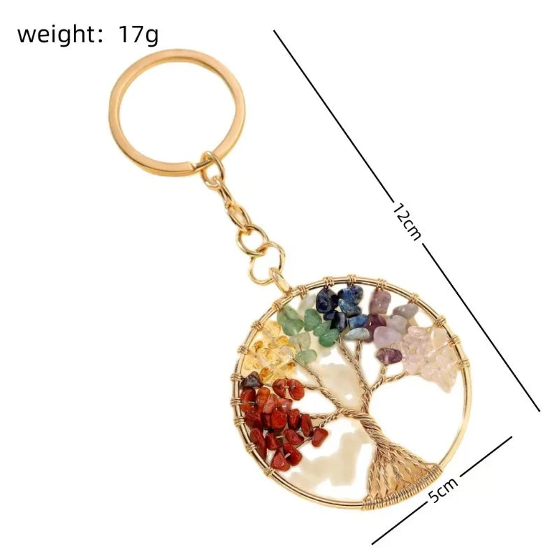 Porte-Clés Arbre de Vie en Éclats de Pierres Naturelles – Doré ou Argenté, Bijou de Sac