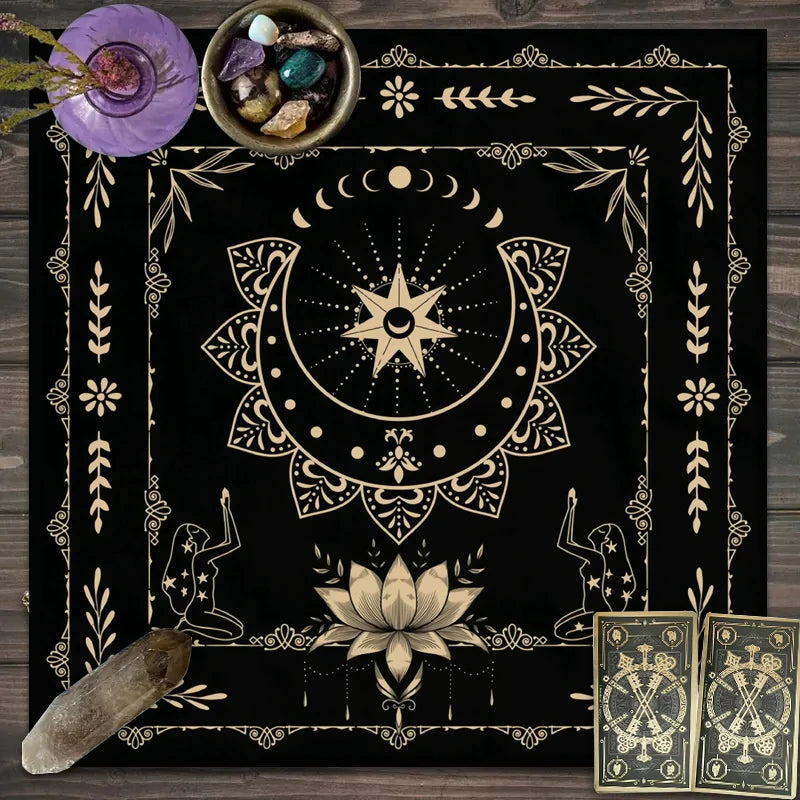 Nappe de Tarot en Velours – Lune, Chat Noir, Soleil et Lotus, Géométrie Sacrée, 7 Motifs, 2 Tailles