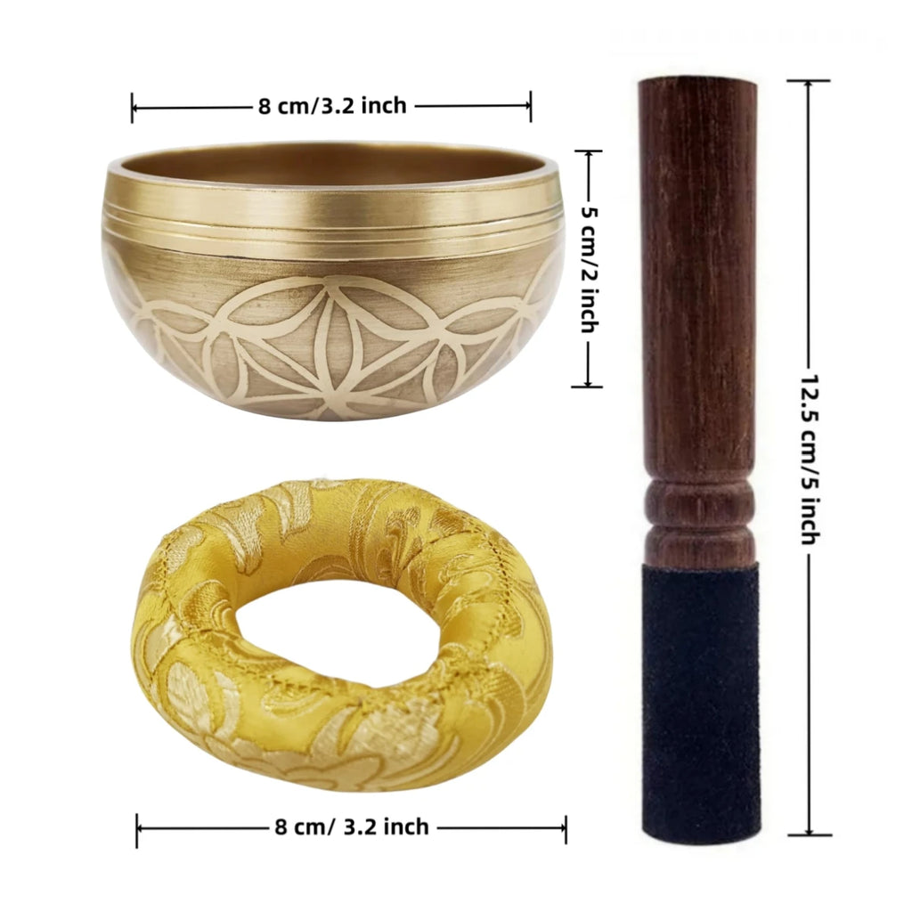 Coffret Bol Chantant Tibétain – Fleur de Vie, Œil Doré ou Motifs Porte-Bonheur, Coussin et Maillet