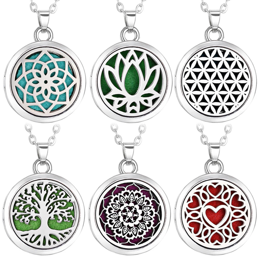 Collier Diffuseur d'Huiles Essentielles en Acier – Médaillon Arbre de Vie, Lotus, Fleur de Vie, 15 Motifs