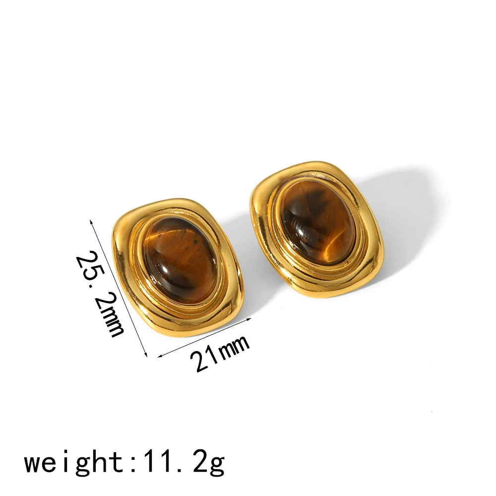 Boucles d'Oreilles Puces Œil de Tigre en Acier Inoxydable – Monture Torsadée, Doré ou Argenté