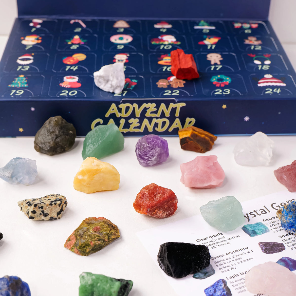 Calendrier de l'Avent Pierres Naturelles – 24 Cristaux à Découvrir, Pierres Roulées ou Brutes, Coffret Minéraux avec Carte des Pierres, Lithothérapie, Idée Cadeau Noël