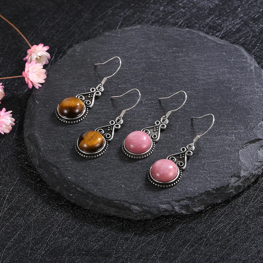 Boucles d'Oreilles Pendantes Vintage Pierre Ronde 10 mm – Labradorite, Lapis, Œil de Tigre, Rhodochrosite