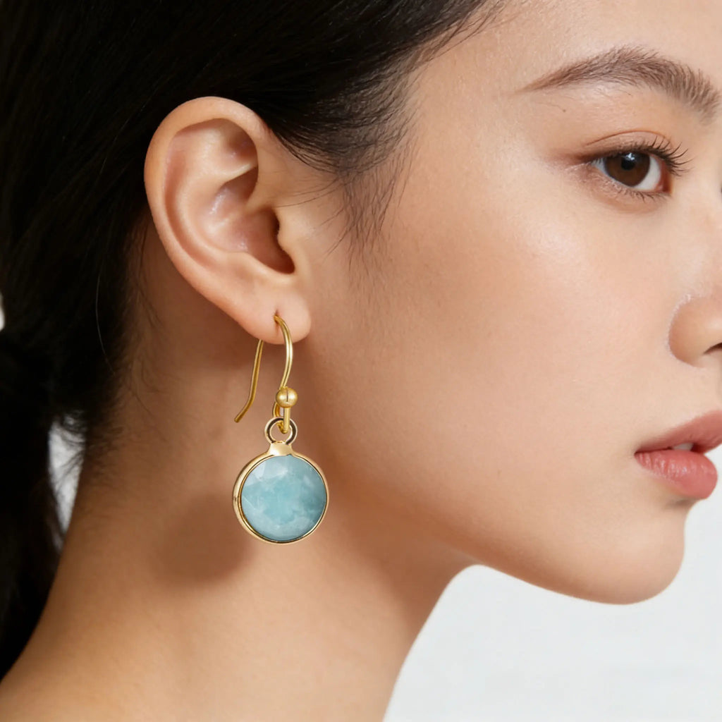Boucles d'Oreilles Rondes en Pierre Naturelle Facettée – Crochets Acier Doré, 17 Pierres au Choix