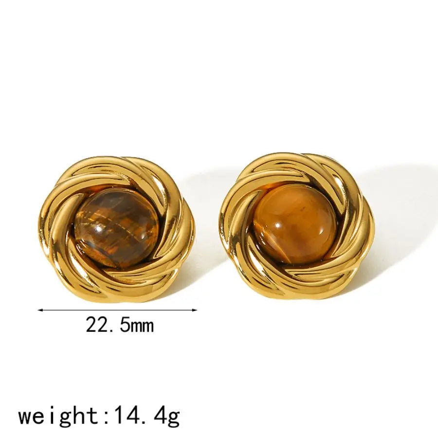 Boucles d'Oreilles Puces Œil de Tigre en Acier Inoxydable – Monture Torsadée, Doré ou Argenté