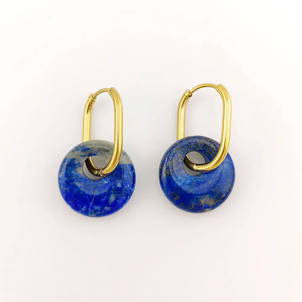Créoles en Acier Doré avec Anneau de Pierre Naturelle – Œil de Tigre, Lapis, Labradorite… 6 Pierres