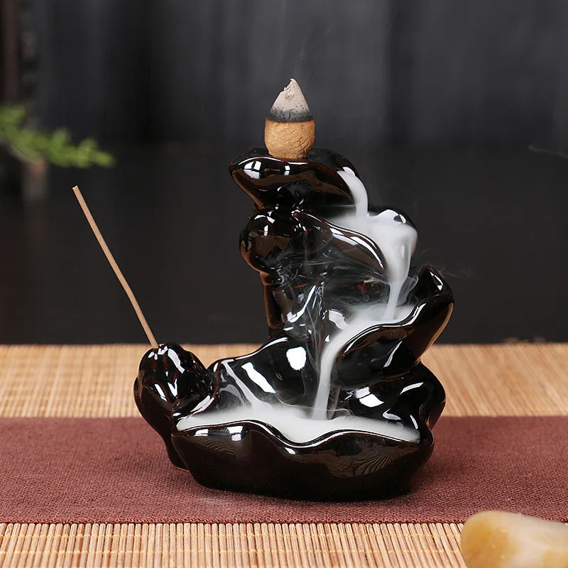 Brûleur d'Encens à Reflux Main de Bouddha et Lotus – Céramique Noire, Petit Modèle